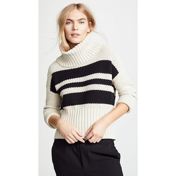 $97 CHASER Los Angeles Striped Turtleneck Sweater NEW Chunky Knit Black Ivory L - Picture 1 of 10